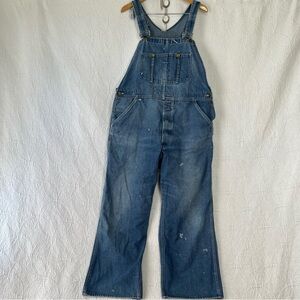 Vintage Sears Denim Bib Overalls Blue Jean Paint Splattered Well Worn Workwear